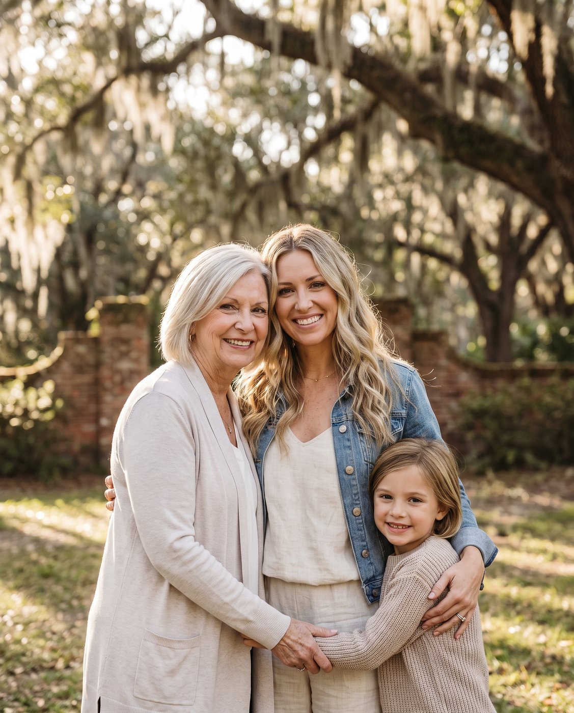 Three generations of a Winter Park family smiling outdoors under Spanish moss oaks